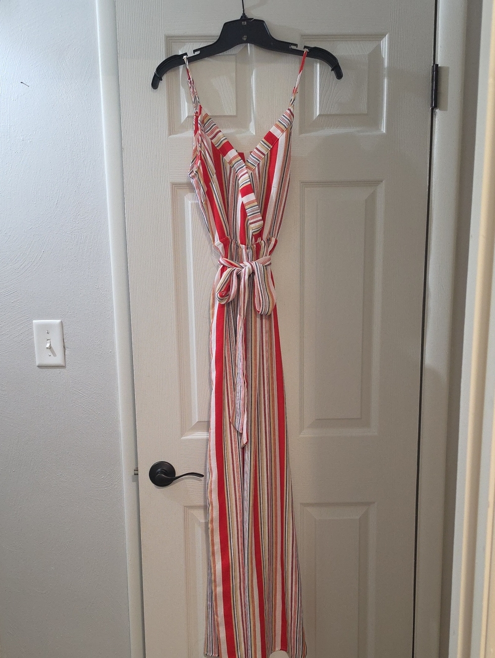 Striped Red and White Sleeveless Wrap Jumpsuit